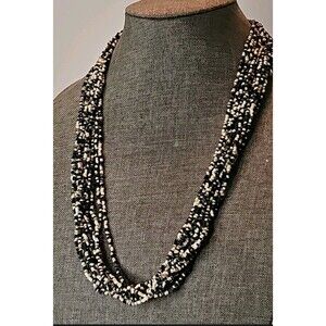 Vintage 28" Multi-Strand Seed Bead Necklace in Cream & Onyx - Estate Quality